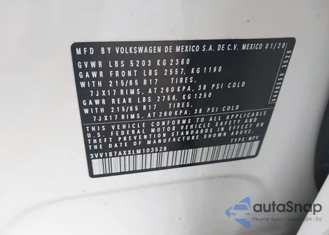 2020 Volkswagen Tiguan 2.0T S from USA, damaged, VIN 3VV1B7AXXLM103528